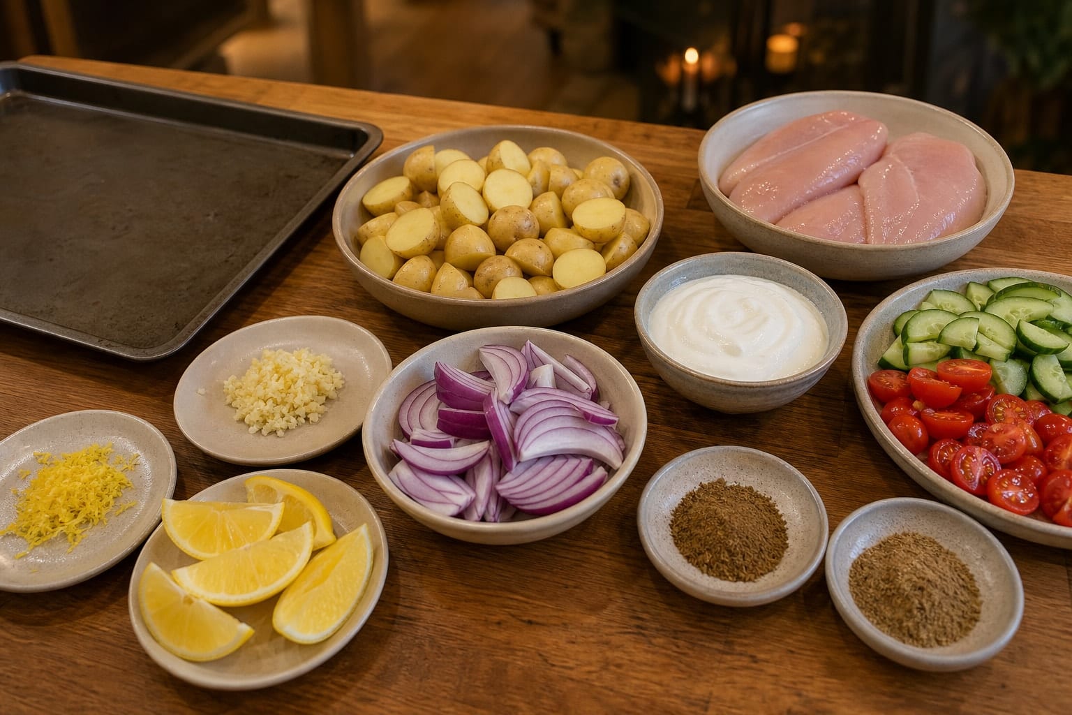 Chicken Shawarma Potato Traybake cooking step 1: Prep the tray.