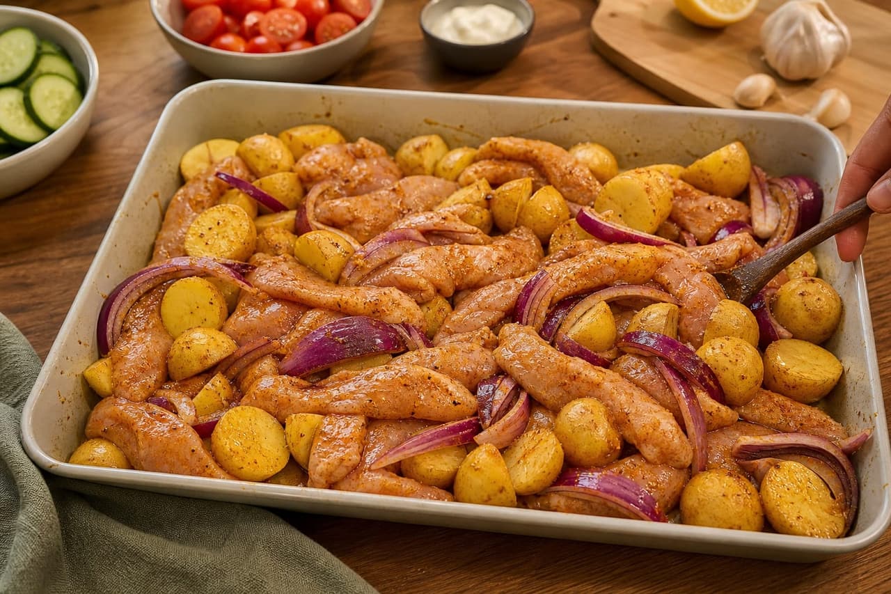 Chicken Shawarma Potato Traybake cooking step 2: Season the chicken and potatoes.