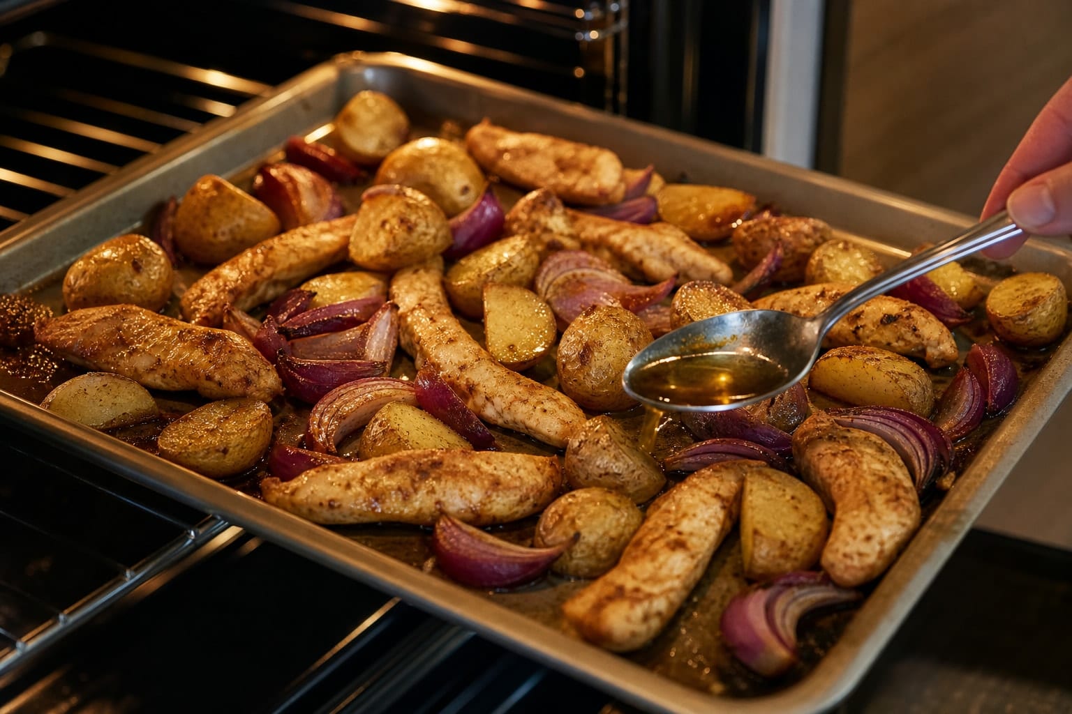 Chicken Shawarma Potato Traybake cooking step 3: Roast the traybake.