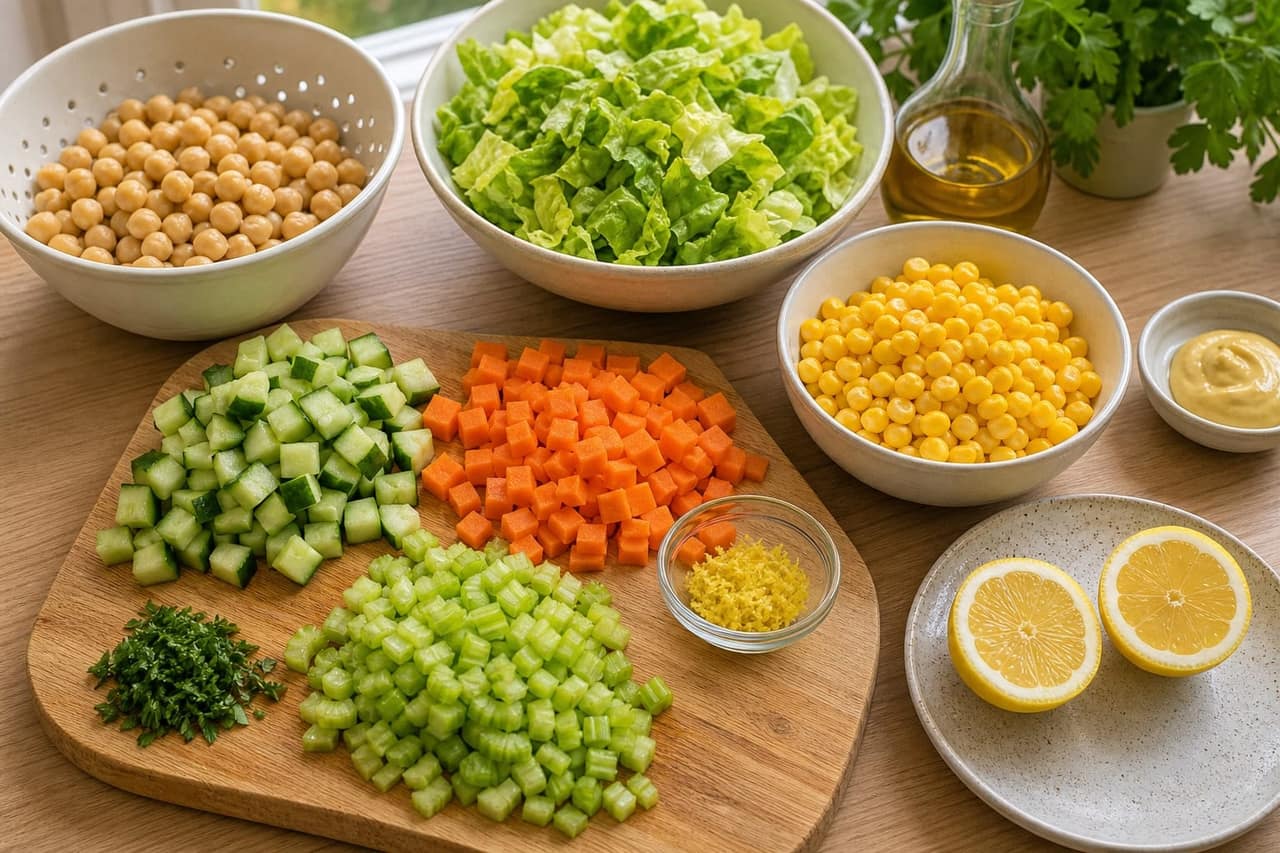 Chickpea Cucumber Carrot Salad Boxes cooking step 1: Prep the crunch.