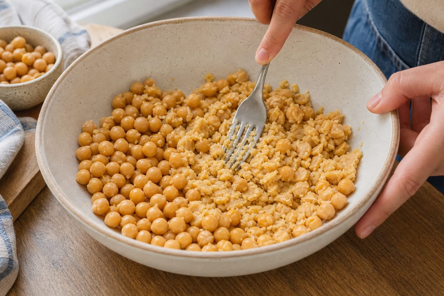 Chickpea Cucumber Carrot Salad Boxes cooking step 2: Mash the chickpeas.