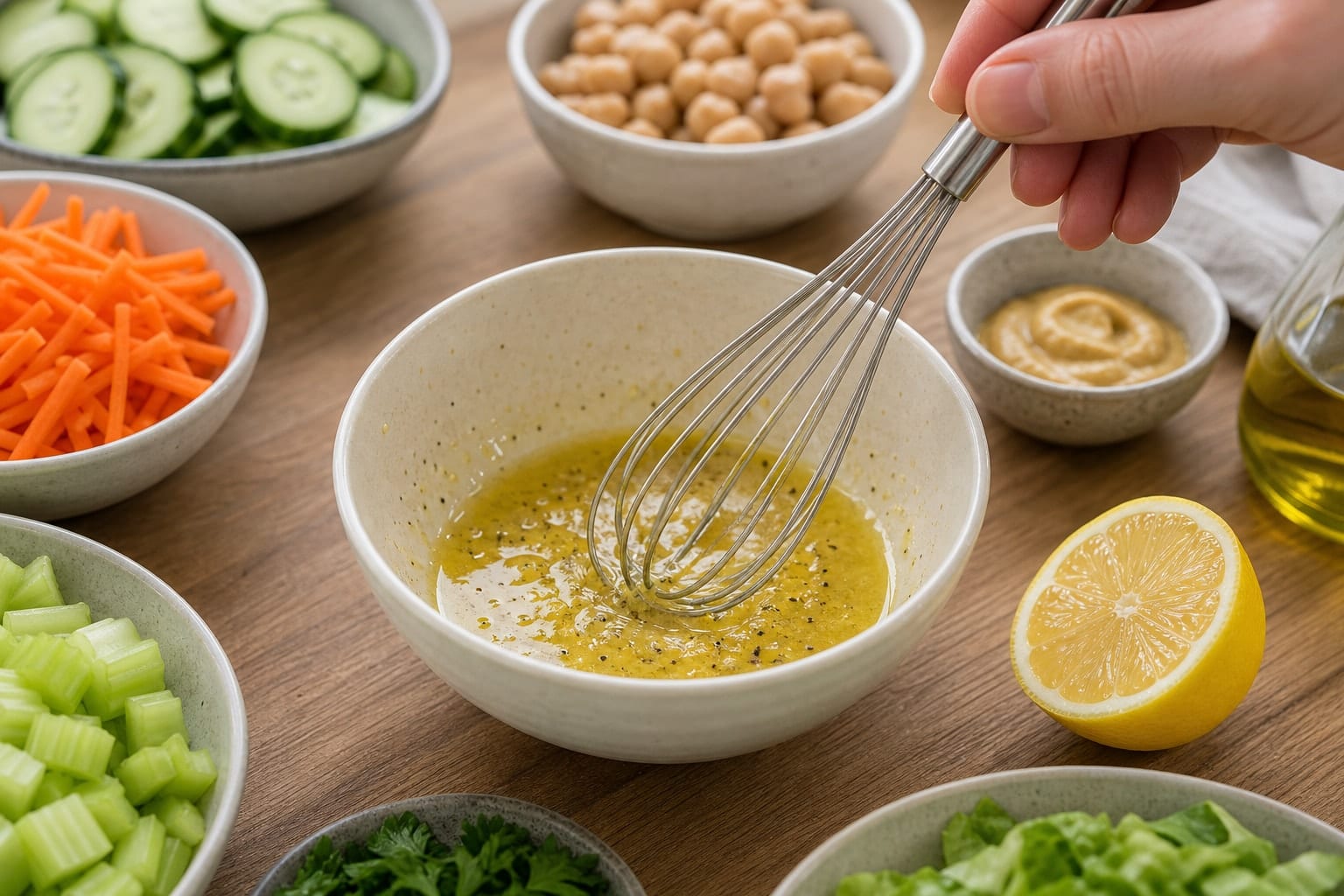 Chickpea Cucumber Carrot Salad Boxes cooking step 3: Make the lemon mustard dressing.