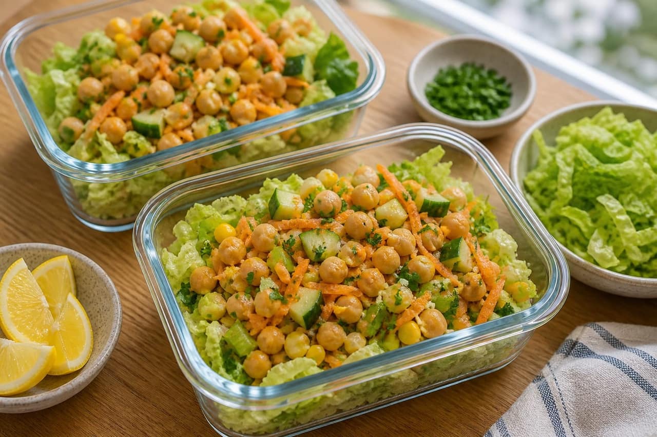 Chickpea Cucumber Carrot Salad Boxes cooking step 5: Pack with lettuce.