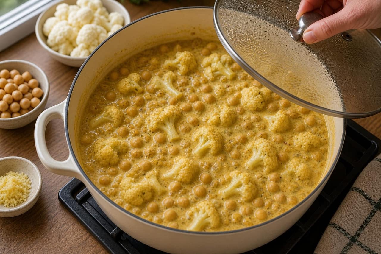 Creamy Coconut Chickpea Cauliflower Rice cooking step 4: Simmer the cauliflower.