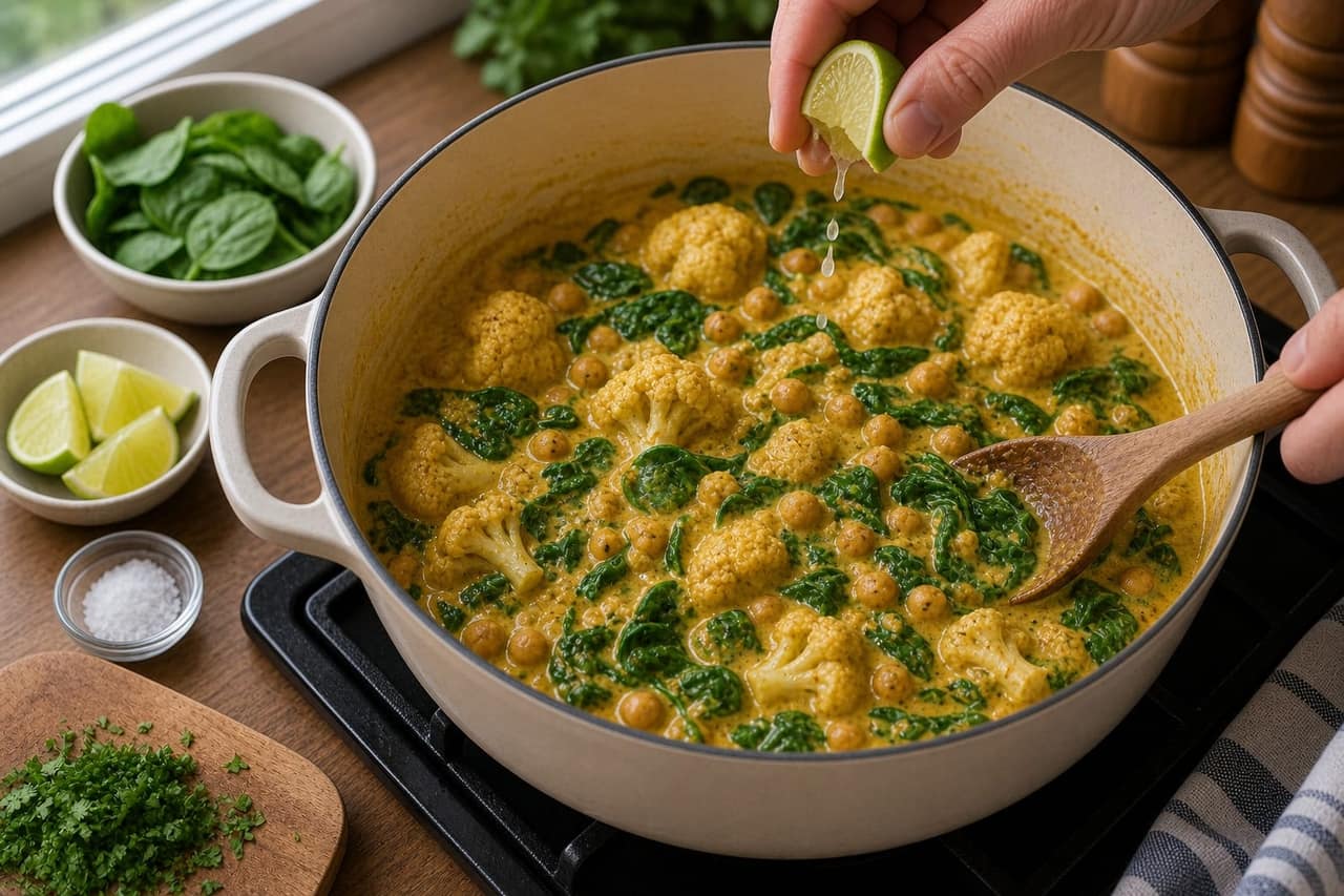Creamy Coconut Chickpea Cauliflower Rice cooking step 5: Wilt the spinach.