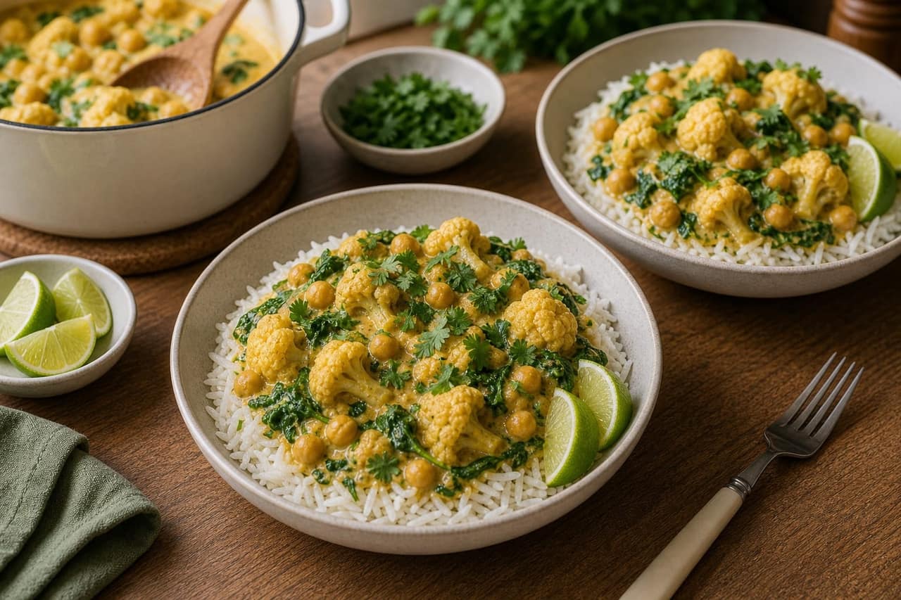 Creamy Coconut Chickpea Cauliflower Rice cooking step 6: Serve over rice.
