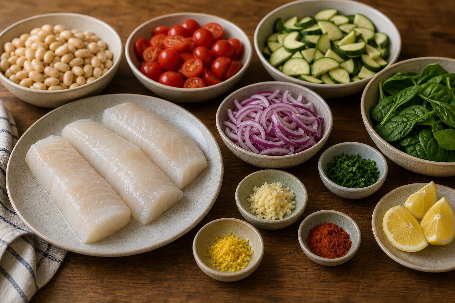 Cod Tomato Butter Bean Traybake cooking step 1: Prep the tray.