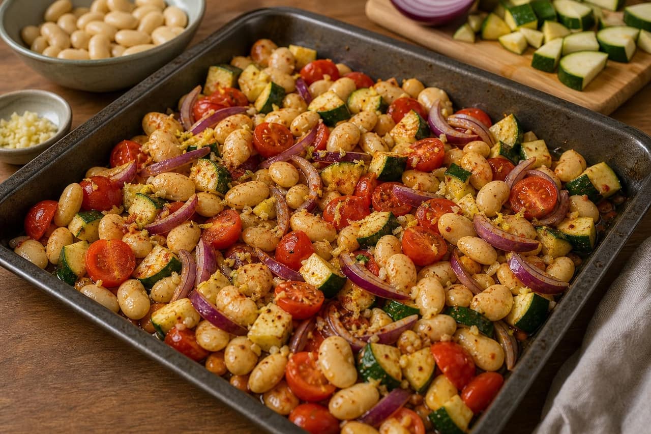 Cod Tomato Butter Bean Traybake cooking step 2: Start the tomato bean base.