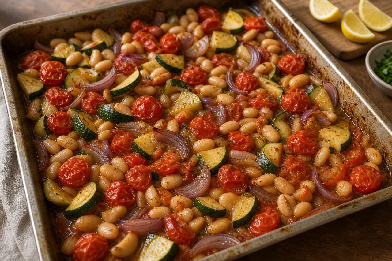 Cod Tomato Butter Bean Traybake cooking step 3: Roast the base.