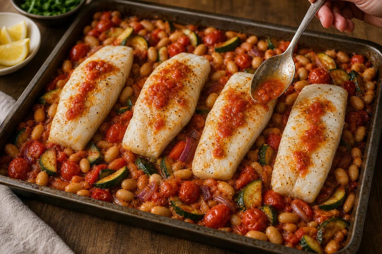 Cod Tomato Butter Bean Traybake cooking step 4: Add the cod.