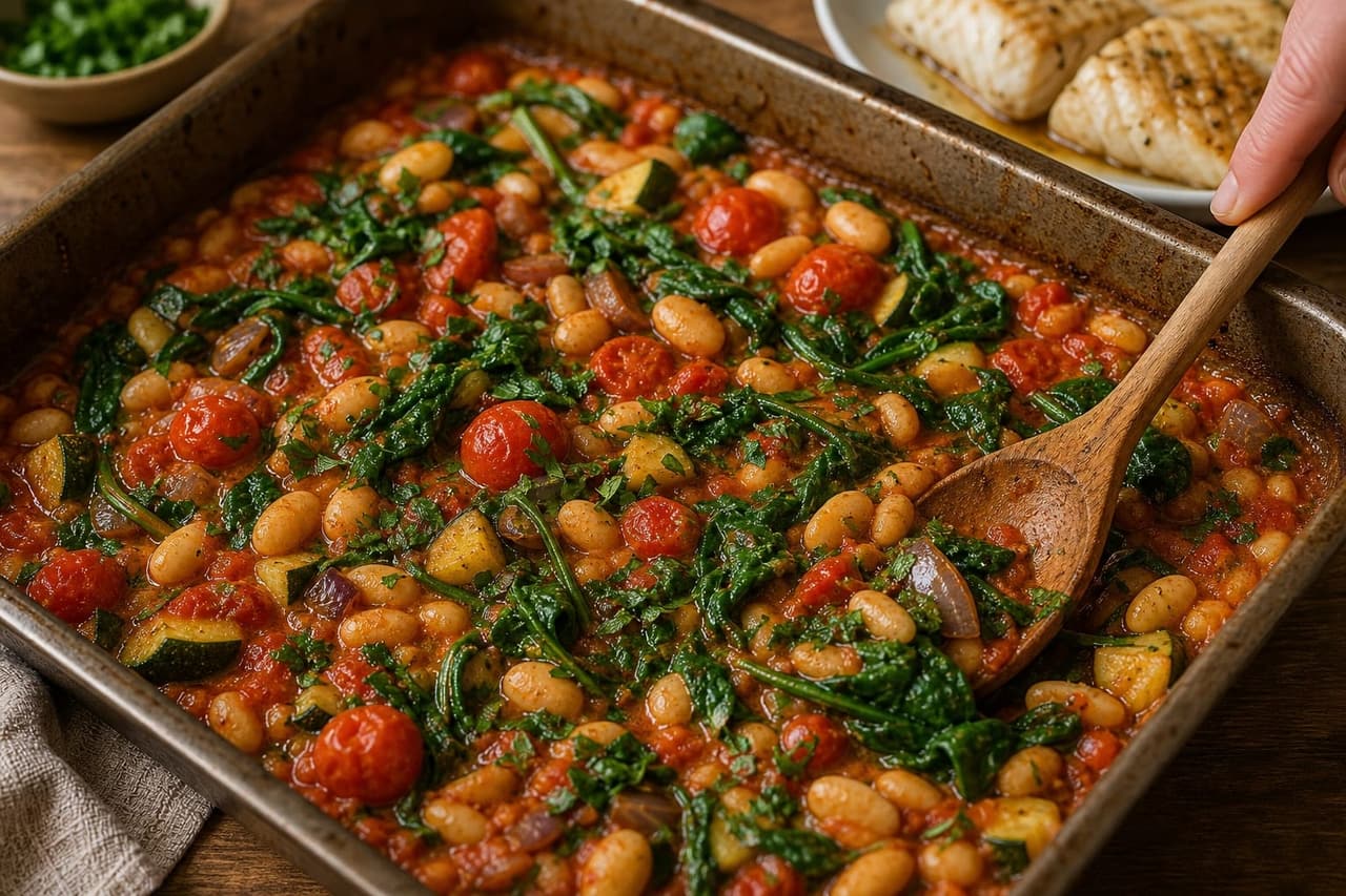Cod Tomato Butter Bean Traybake cooking step 5: Wilt the spinach.