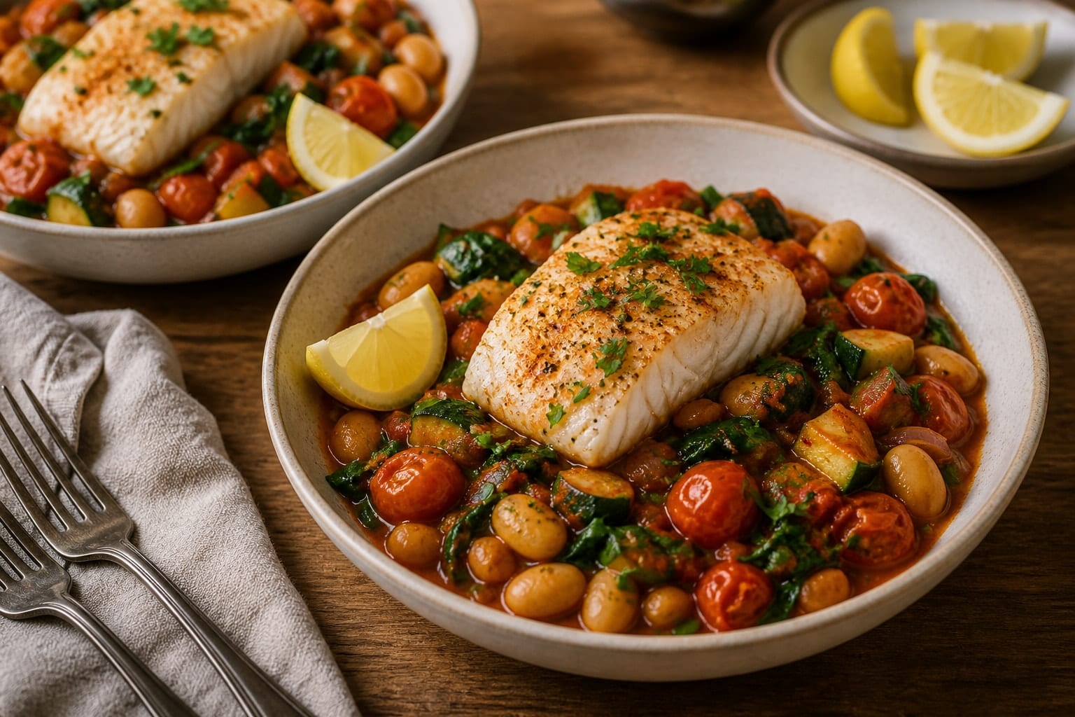 Cod Tomato Butter Bean Traybake cooking step 6: Serve with lemon.