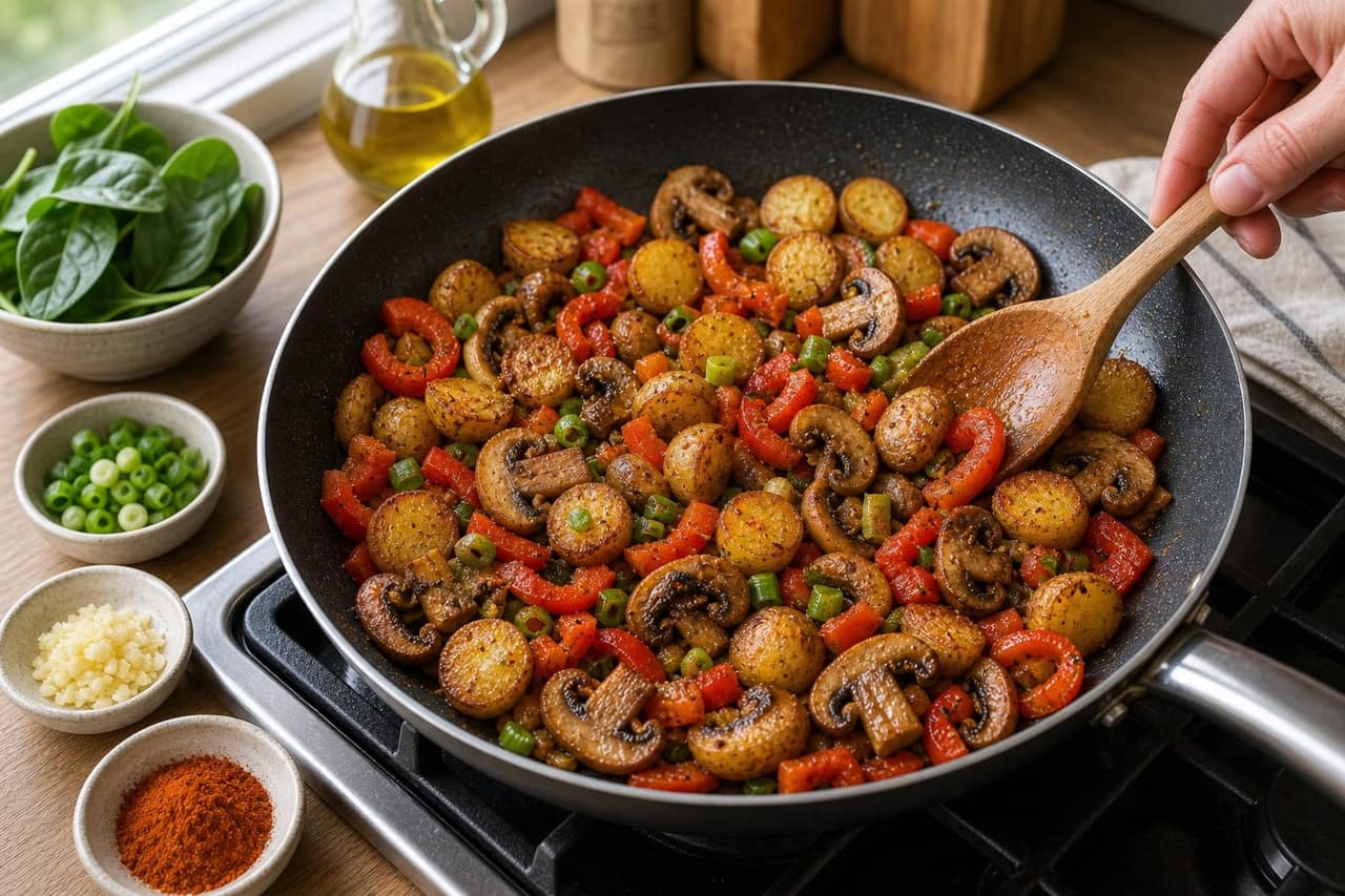 Crispy Mushroom Pepper Breakfast Hash cooking step 4: Cook the vegetables.