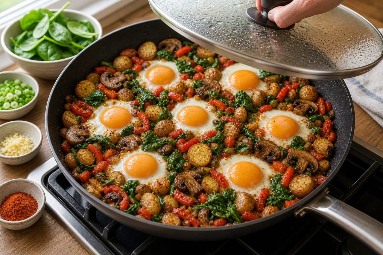 Crispy Mushroom Pepper Breakfast Hash cooking step 5: Set the eggs.