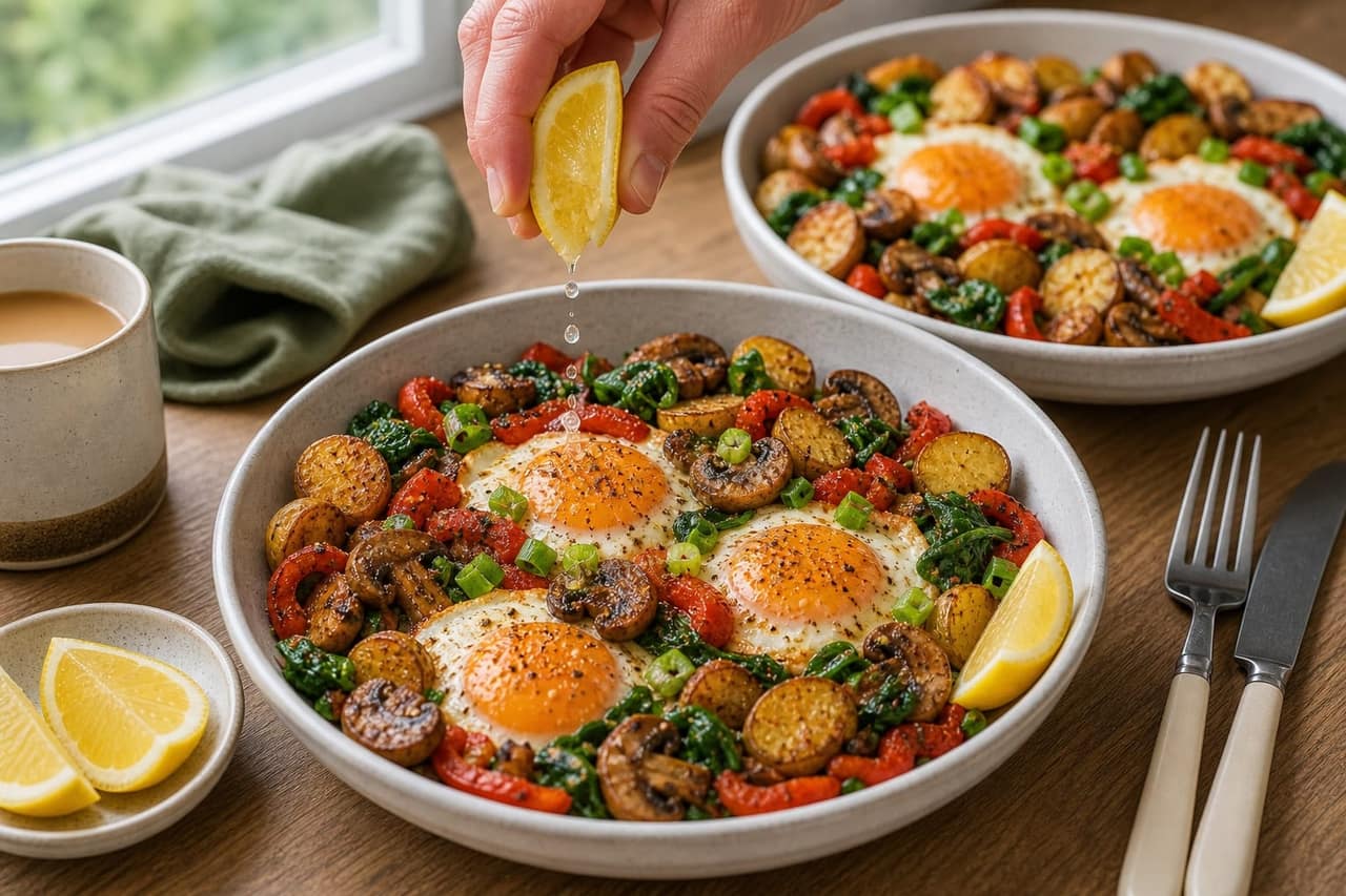 Crispy Mushroom Pepper Breakfast Hash cooking step 6: Serve with lemon.