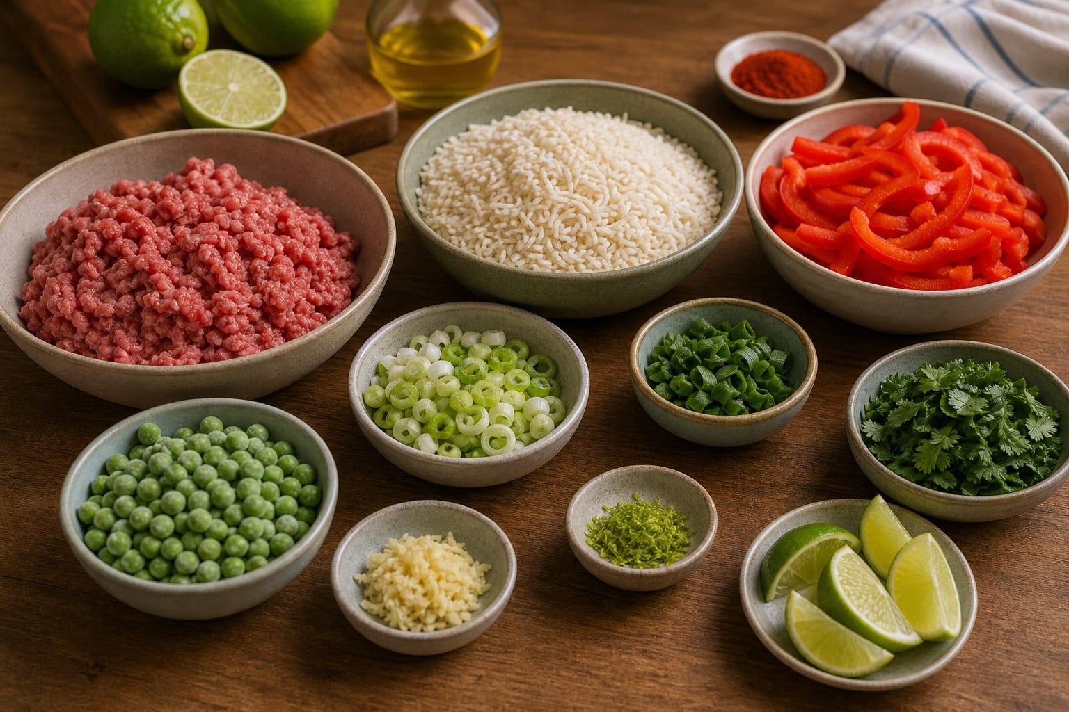 Crispy Paprika Pork Pepper Rice Bowls with Lime cooking step 1: Prep the vegetables.
