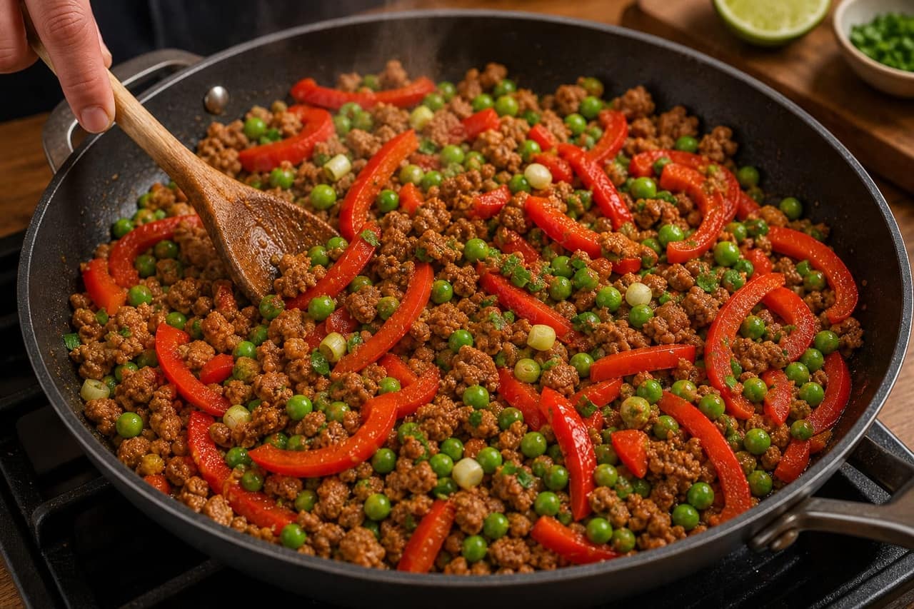 Crispy Paprika Pork Pepper Rice Bowls with Lime cooking step 5: Cook peppers and peas.