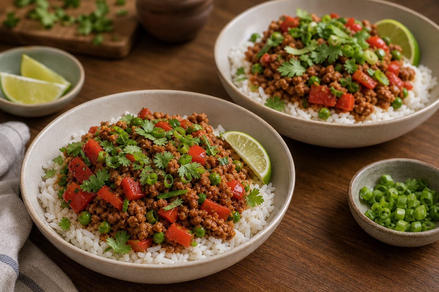 Crispy Paprika Pork Pepper Rice Bowls with Lime cooking step 7: Serve over rice.