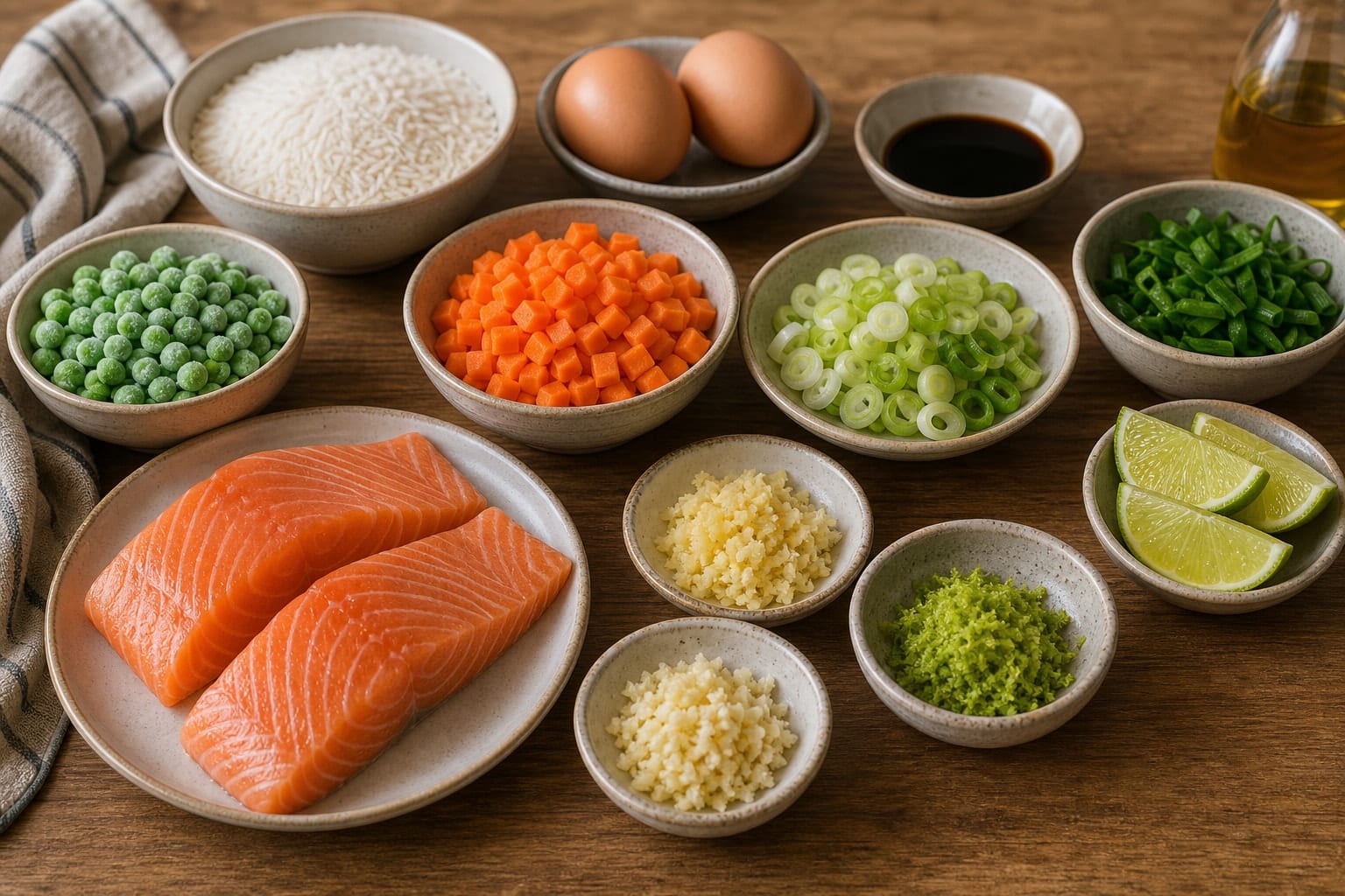 Ginger Salmon Egg Fried Rice with Peas and Spring Onion cooking step 1: Prep the ingredients.