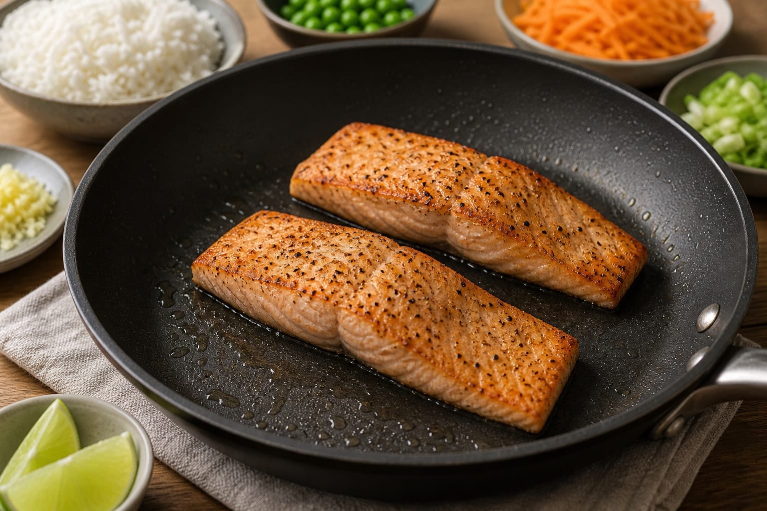 Ginger Salmon Egg Fried Rice with Peas and Spring Onion cooking step 3: Cook the salmon.