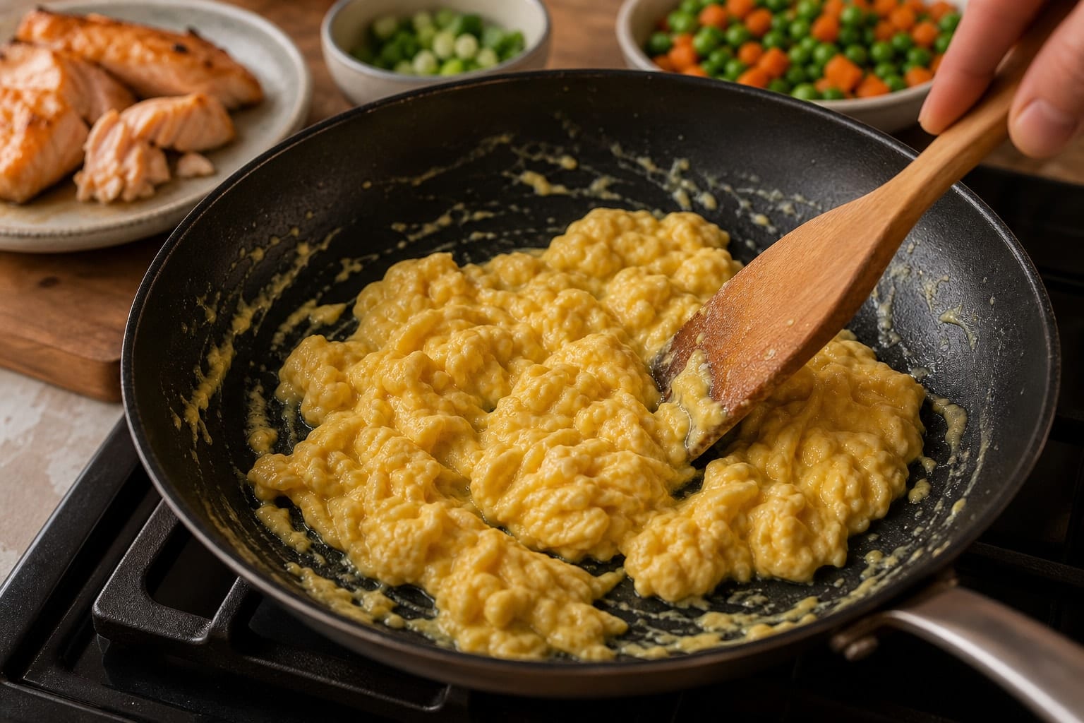 Ginger Salmon Egg Fried Rice with Peas and Spring Onion cooking step 4: Scramble the eggs.