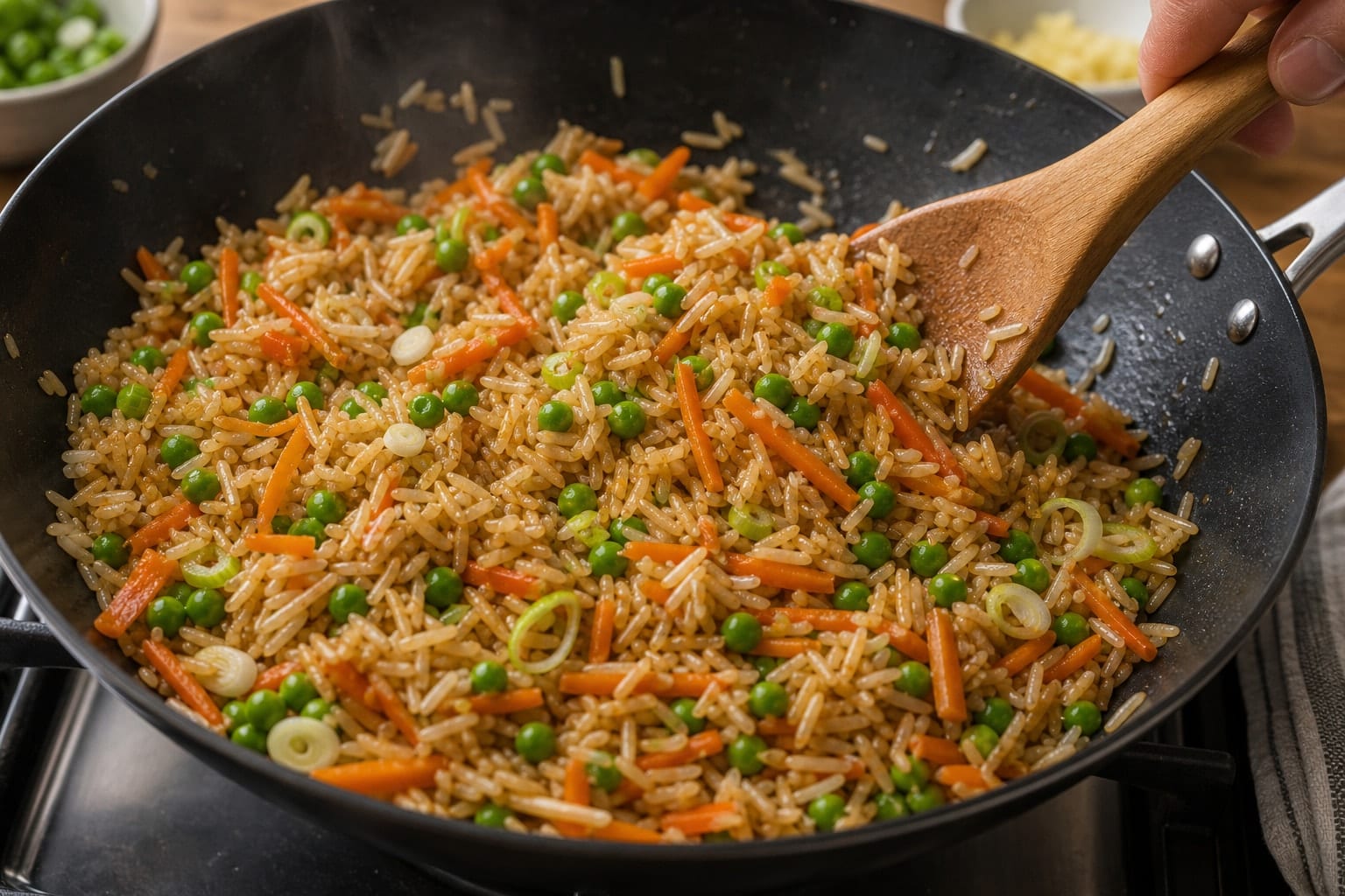 Ginger Salmon Egg Fried Rice with Peas and Spring Onion cooking step 5: Fry the veg and rice.