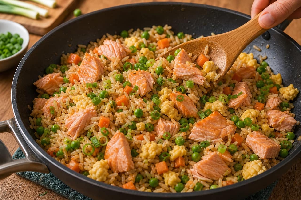 Ginger Salmon Egg Fried Rice with Peas and Spring Onion cooking step 6: Fold in salmon.