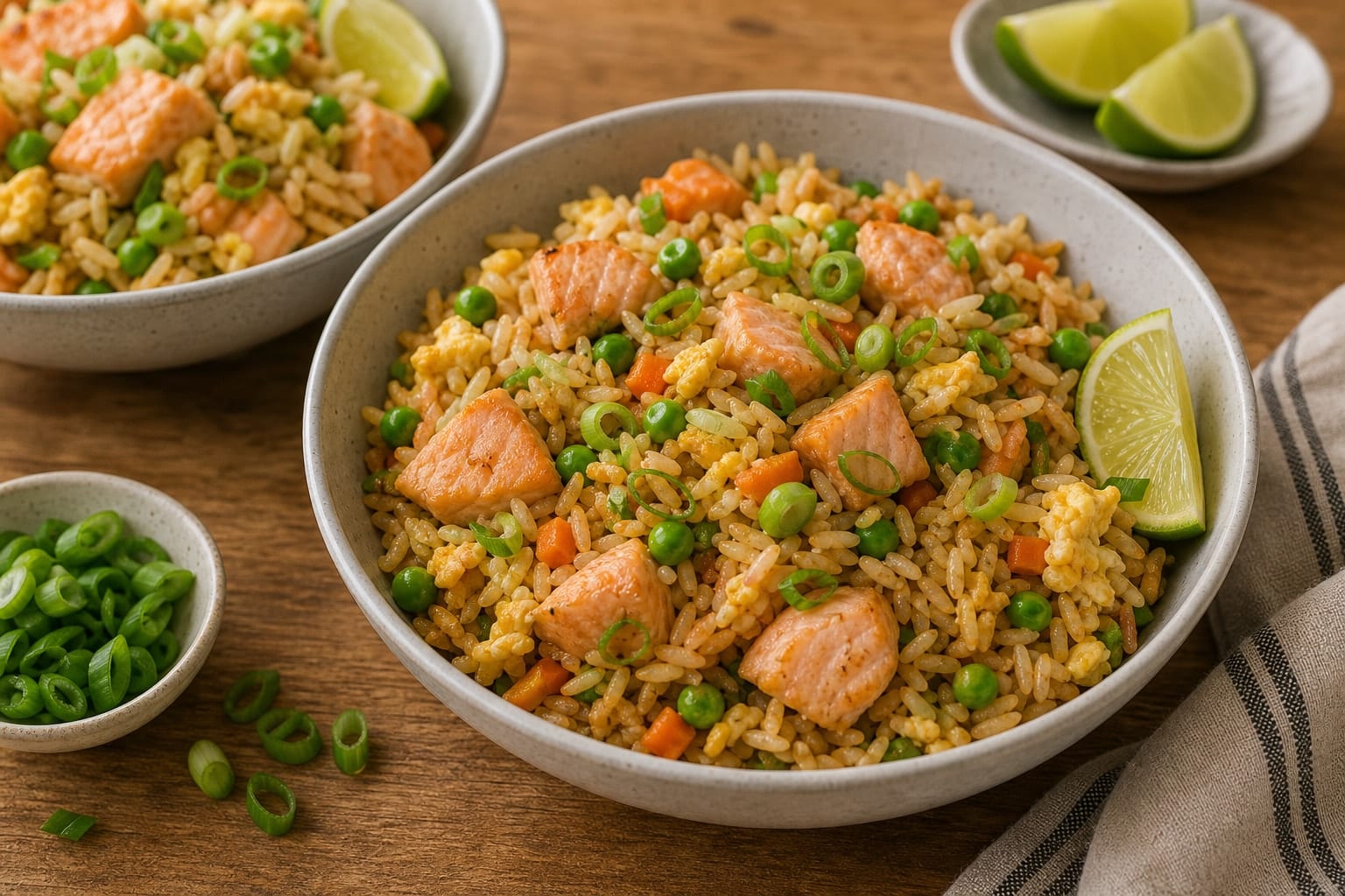 Ginger Salmon Egg Fried Rice with Peas and Spring Onion cooking step 7: Serve with lime.