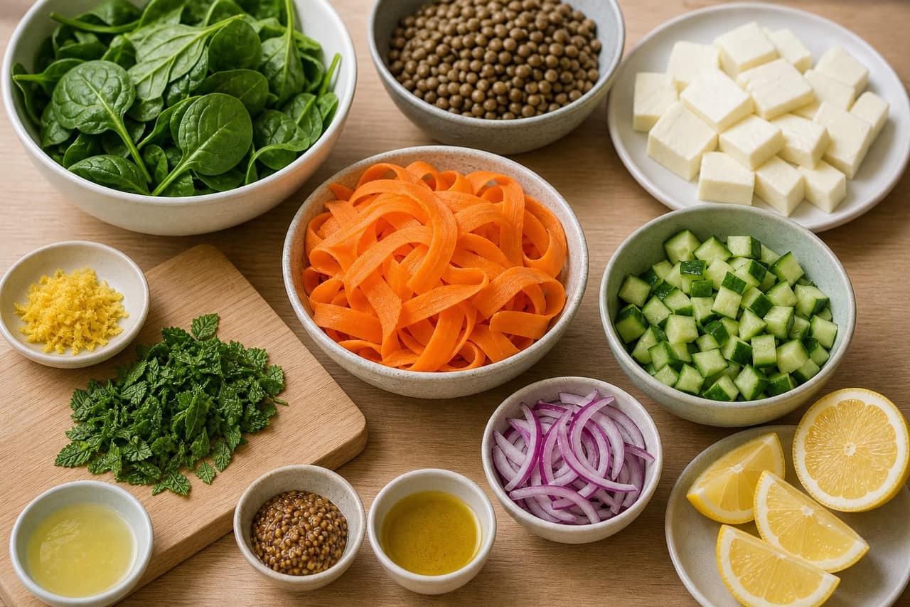 Golden Halloumi Carrot Lentil Boxes with Lemon and Mint cooking step 1: Prep the salad.