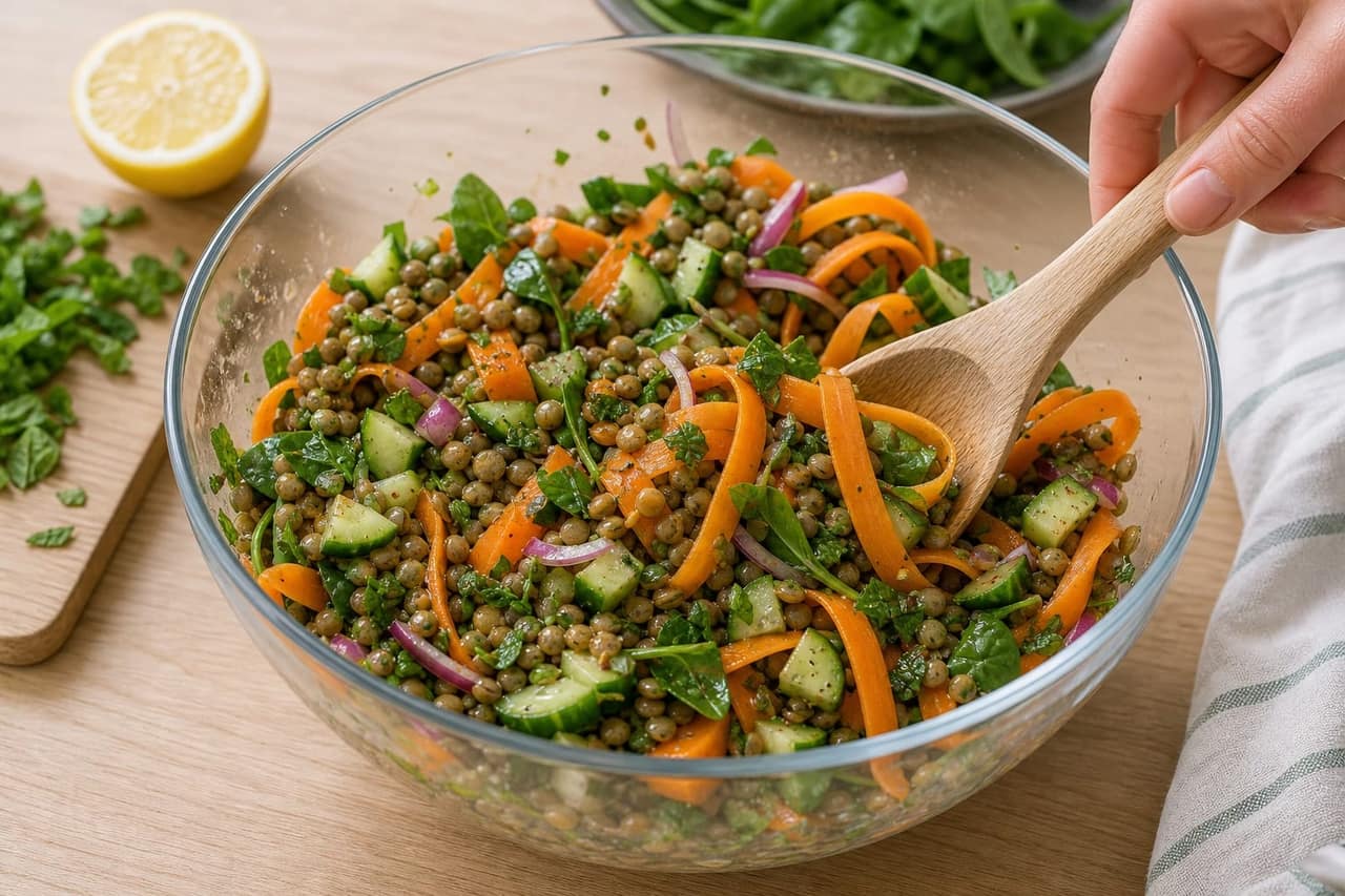 Golden Halloumi Carrot Lentil Boxes with Lemon and Mint cooking step 3: Dress the lentils.