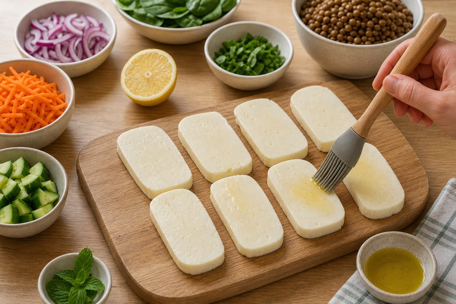 Golden Halloumi Carrot Lentil Boxes with Lemon and Mint cooking step 4: Slice the halloumi.