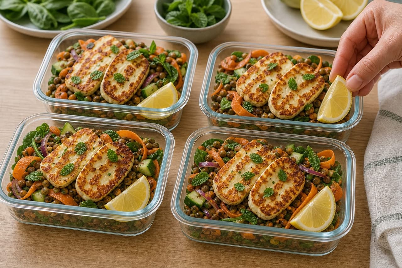 Golden Halloumi Carrot Lentil Boxes with Lemon and Mint cooking step 6: Pack the boxes.