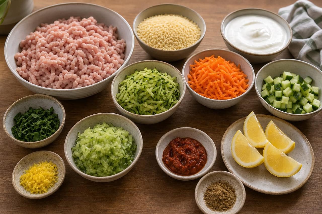 Harissa Turkey Courgette Koftas cooking step 1: Prep the kofta mix.