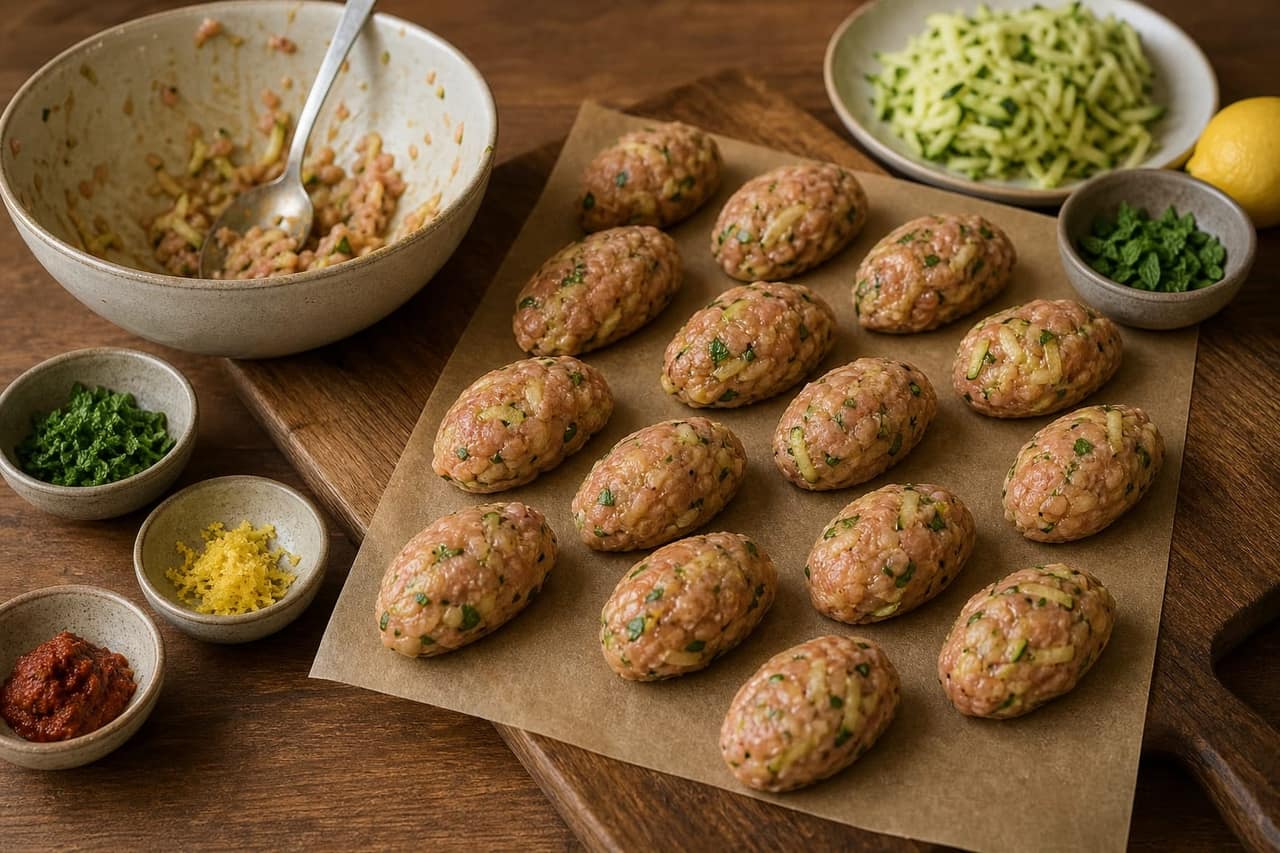 Harissa Turkey Courgette Koftas cooking step 2: Shape the koftas.