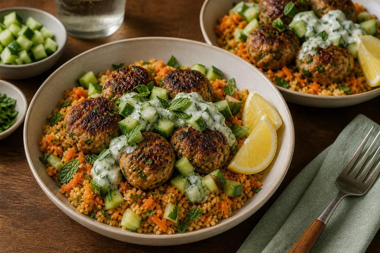 Harissa Turkey Courgette Koftas cooking step 6: Serve with couscous.