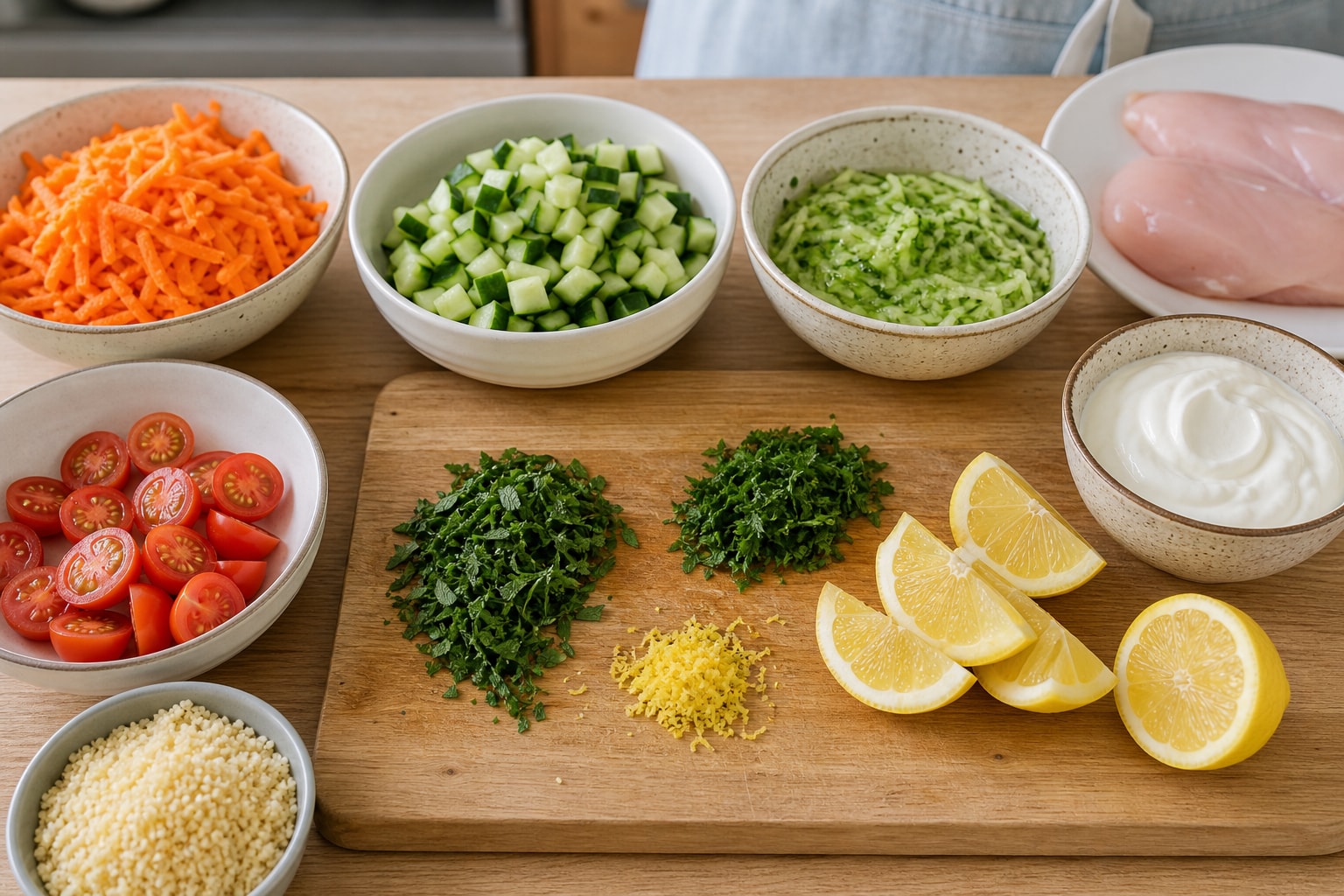 Herby Chicken Tzatziki Couscous Boxes with Cucumber cooking step 1: Prep the lunch-box veg.