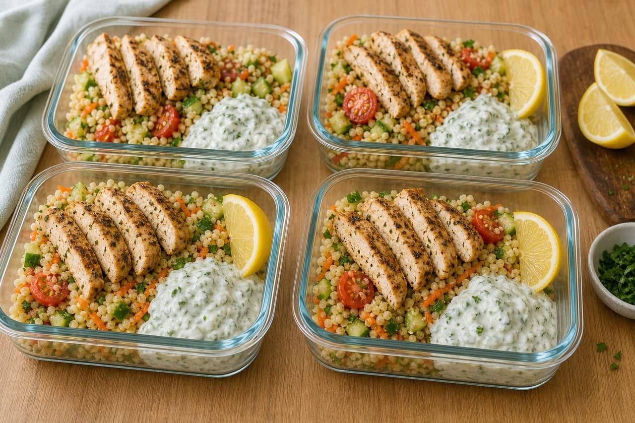 Herby Chicken Tzatziki Couscous Boxes with Cucumber cooking step 2: Cook the chicken.