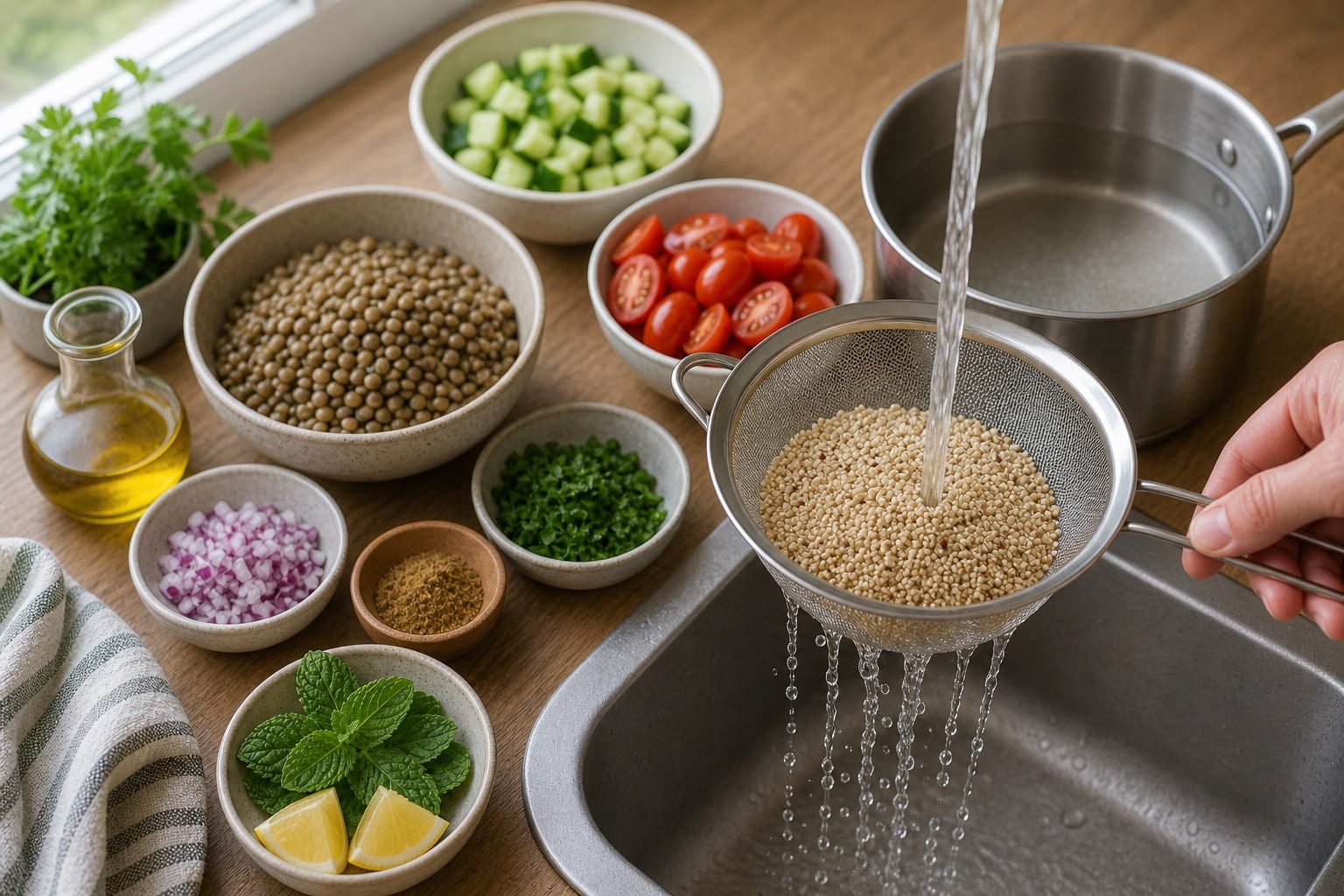 Herby Lentil Tabbouleh Boxes cooking step 1: Rinse the quinoa.