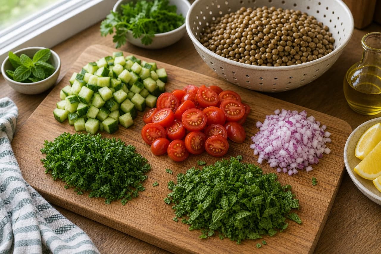 Herby Lentil Tabbouleh Boxes cooking step 3: Chop the vegetables.