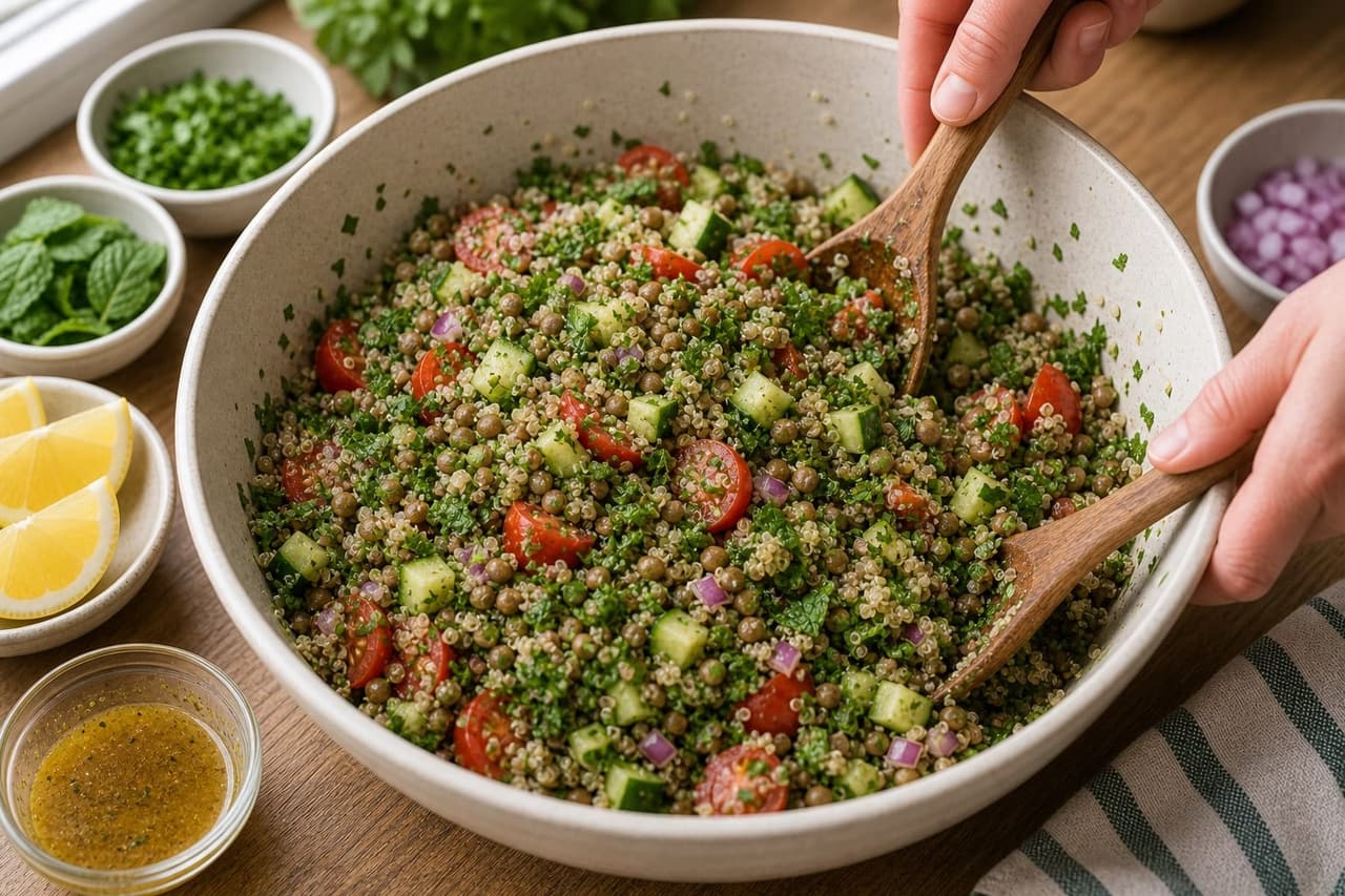 Herby Lentil Tabbouleh Boxes cooking step 5: Toss everything together.