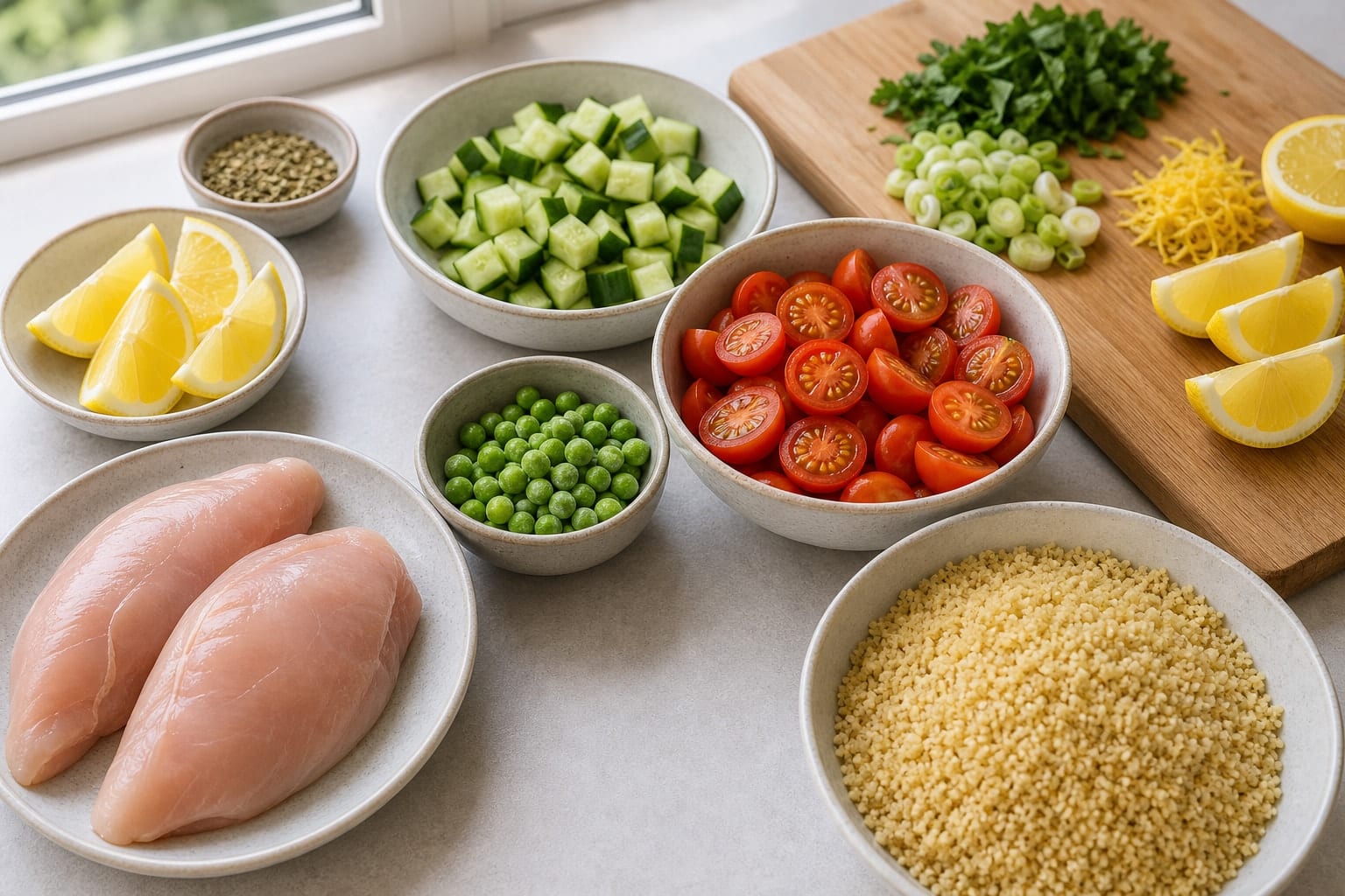 Lemon Chicken Couscous Salad Boxes with Peas and Parsley cooking step 1: Prep the salad.