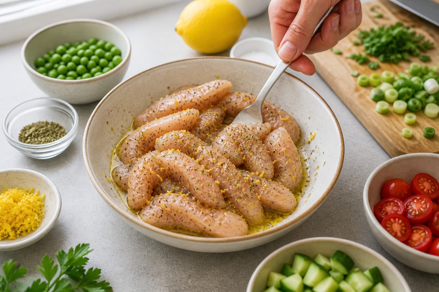 Lemon Chicken Couscous Salad Boxes with Peas and Parsley cooking step 2: Season the chicken.