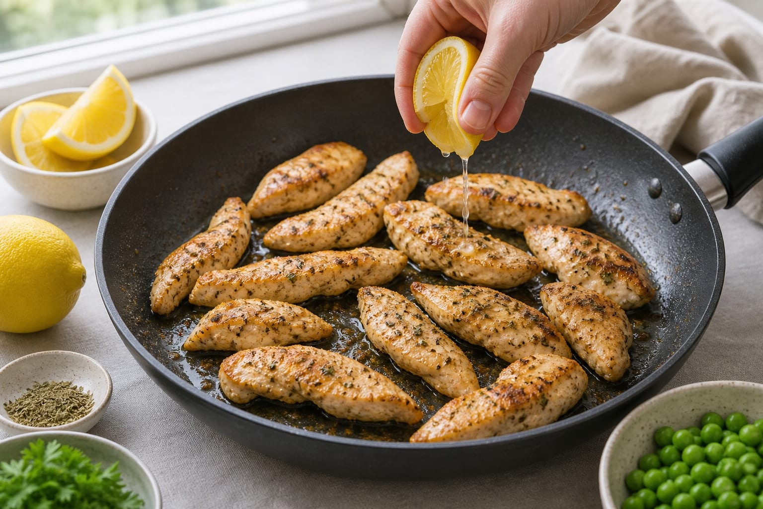 Lemon Chicken Couscous Salad Boxes with Peas and Parsley cooking step 3: Cook the chicken.