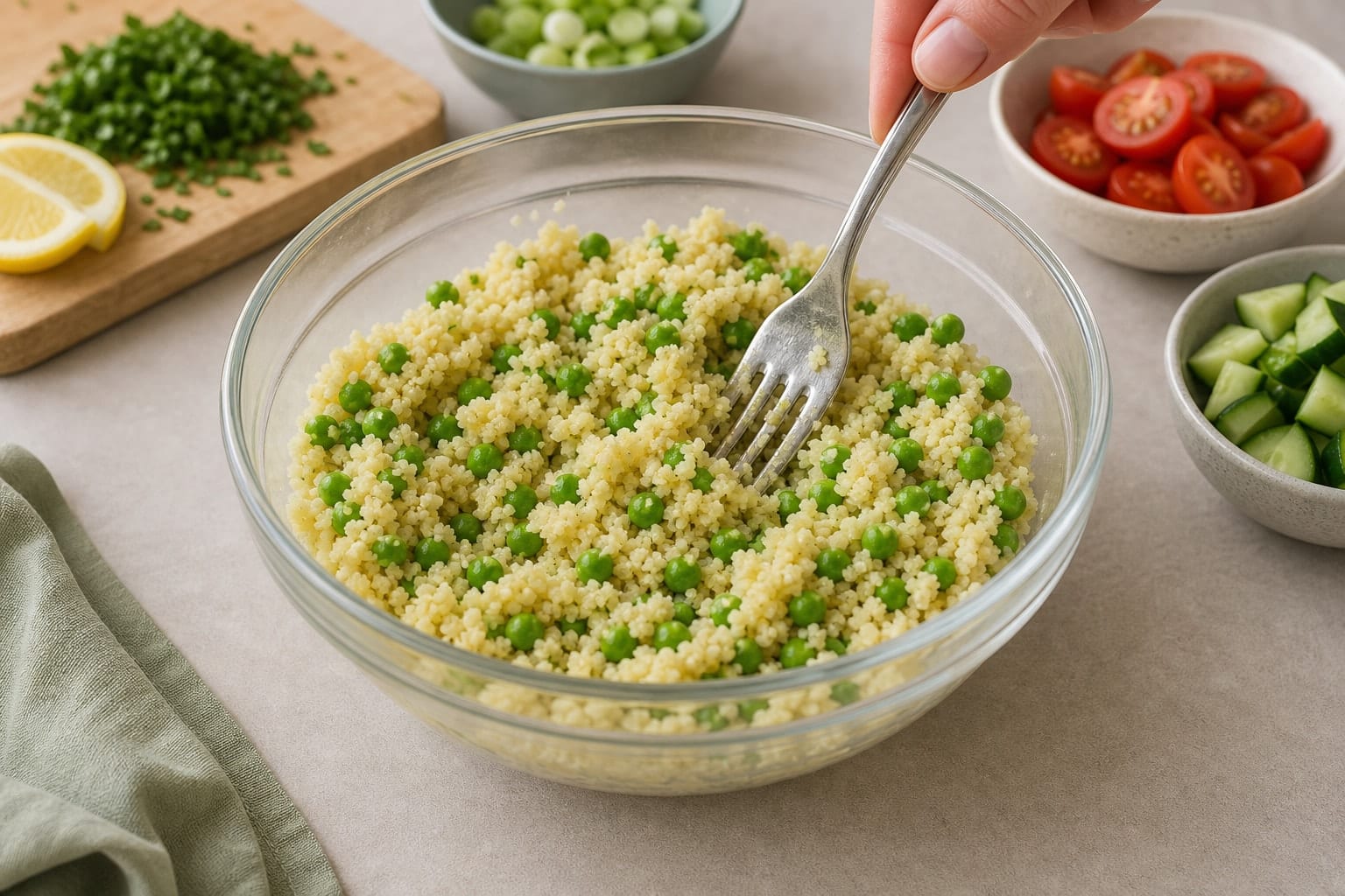 Lemon Chicken Couscous Salad Boxes with Peas and Parsley cooking step 4: Soak the couscous and peas.