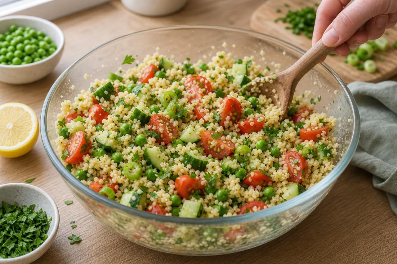 Lemon Chicken Couscous Salad Boxes with Peas and Parsley cooking step 5: Toss the salad.