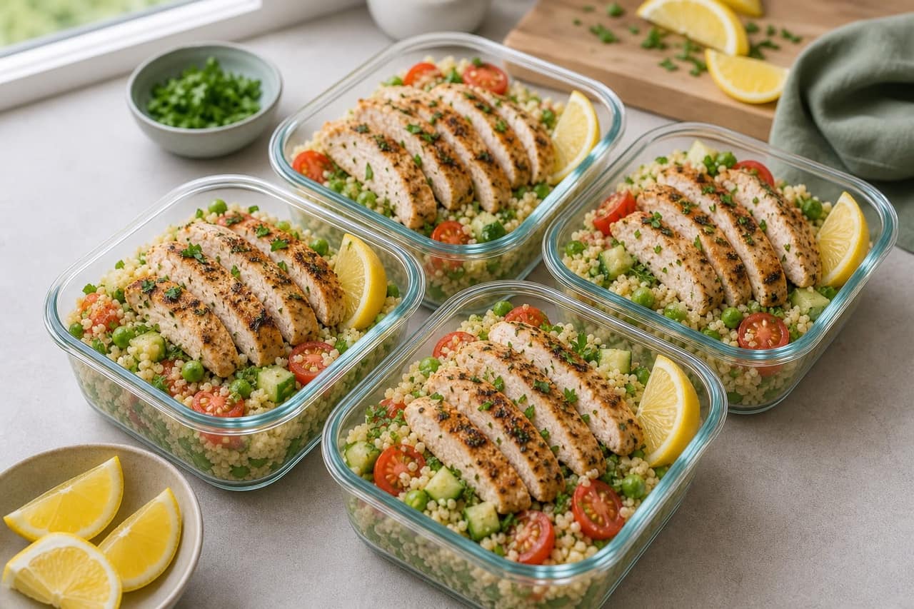 Lemon Chicken Couscous Salad Boxes with Peas and Parsley cooking step 6: Pack with chicken.