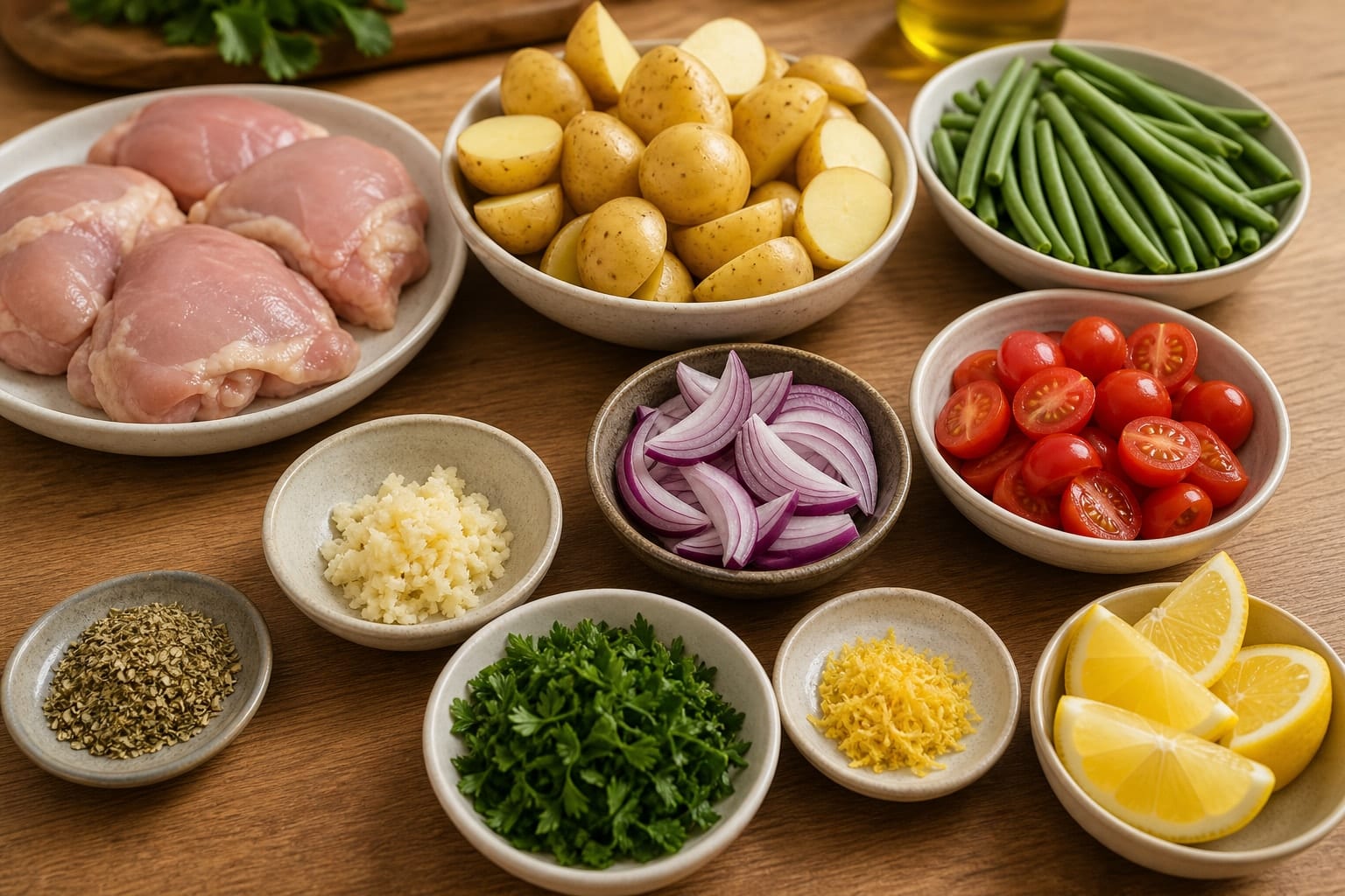 Zesty Lemon Oregano Chicken Potato Traybake with Green Beans cooking step 1: Prep the tray.