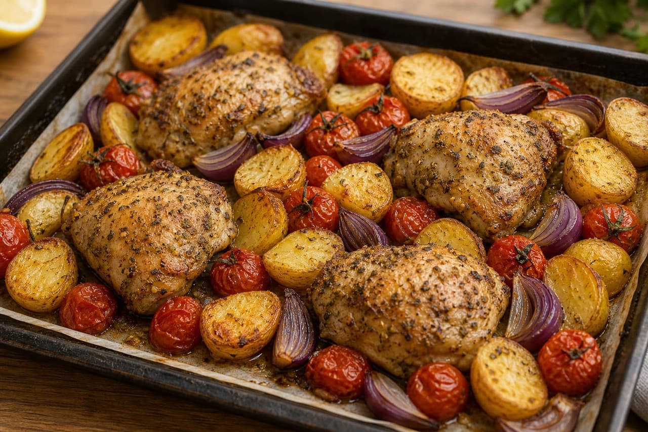 Zesty Lemon Oregano Chicken Potato Traybake with Green Beans cooking step 4: Roast the chicken.