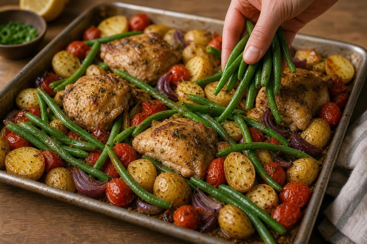 Zesty Lemon Oregano Chicken Potato Traybake with Green Beans cooking step 5: Add green beans.
