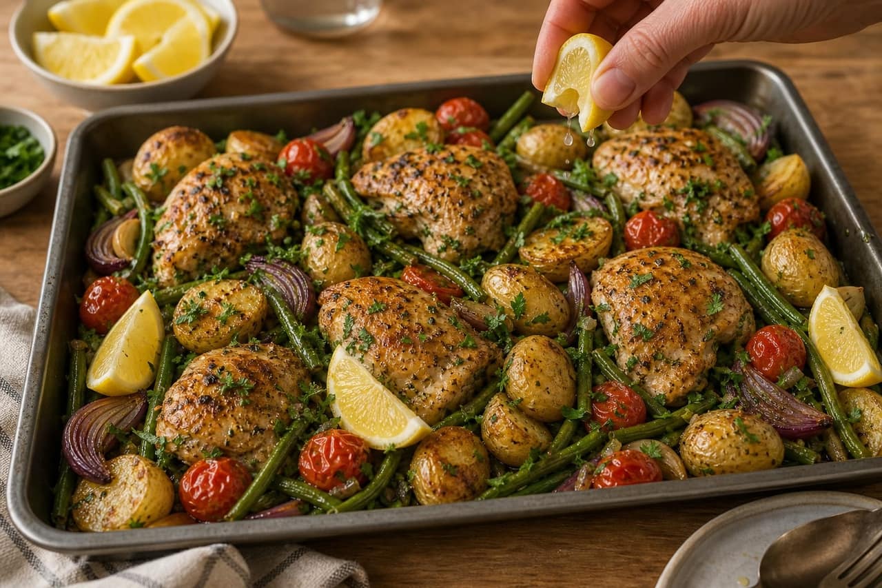 Zesty Lemon Oregano Chicken Potato Traybake with Green Beans cooking step 6: Finish with lemon.